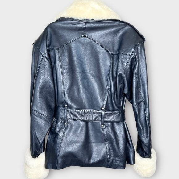 CUIR DU MONDE Black Leather and Sherpa Coat Jacket (moto style) Size Medium - Picture 3 of 8
